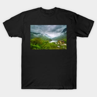 Lake in the mountains on a foggy day T-Shirt